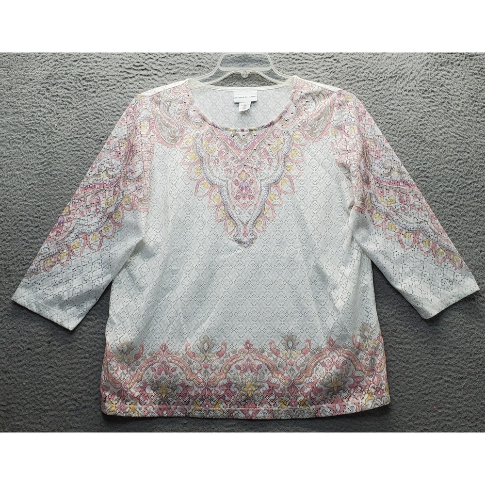 Alfred Dunner Blouse Top Womens M Multi Lace Beaded Lined Long Sleeve Round Neck